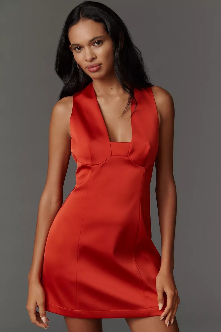 NWT Anthropologie Sleeveless Square-Neck Shift Mini Dress $178 SIZE 6 Red Satin
